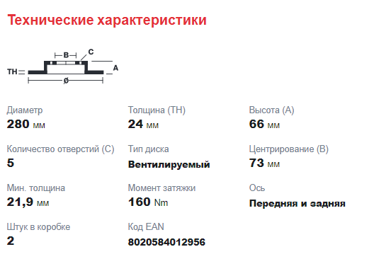 Диск тормозной передний Peugeot Boxer3,Fiat Ducato3 (R15 / DØ280mm /толщина 25 мм) BREMBO - Миниатюра товара 1