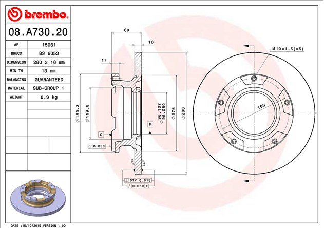Диск тормозной задний Ford Transit Tr’06 (2.2 перед.привод, смотреть VIN) BREMBO - Миниатюра товара 2