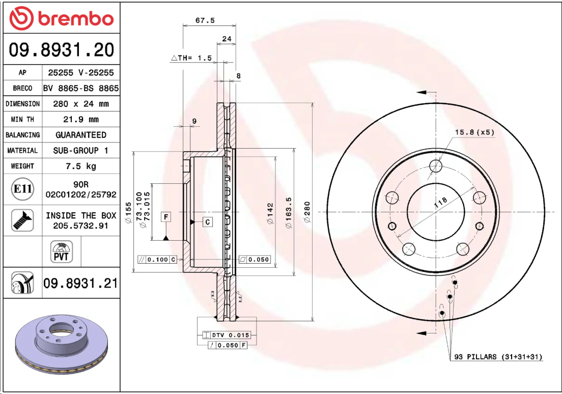 Диск тормозной передний Peugeot Boxer3,Fiat Ducato3 (R15 / DØ280mm /толщина 25 мм) BREMBO - Миниатюра товара 1
