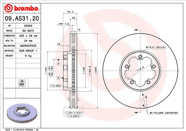Диск тормозной передний Ford Transit Tr’06 (2.2/2.4 140-155 л.с, зад. привод) BREMBO - Миниатюра товара 2
