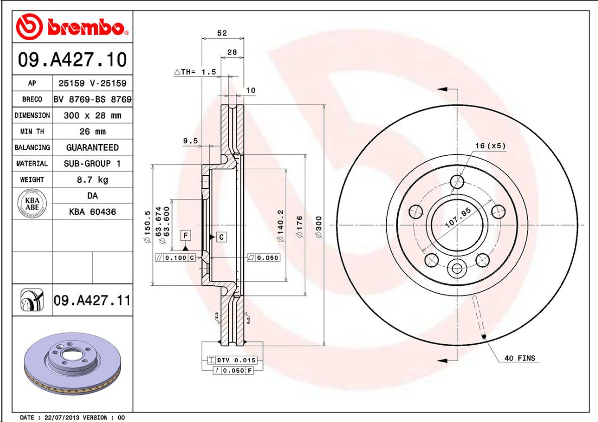 Диск тормозной передний Ford Galaxy II, S-Max II, Land Rover Freelander, Volvo XC70 BREMBO EUROPE - Миниатюра товара 1