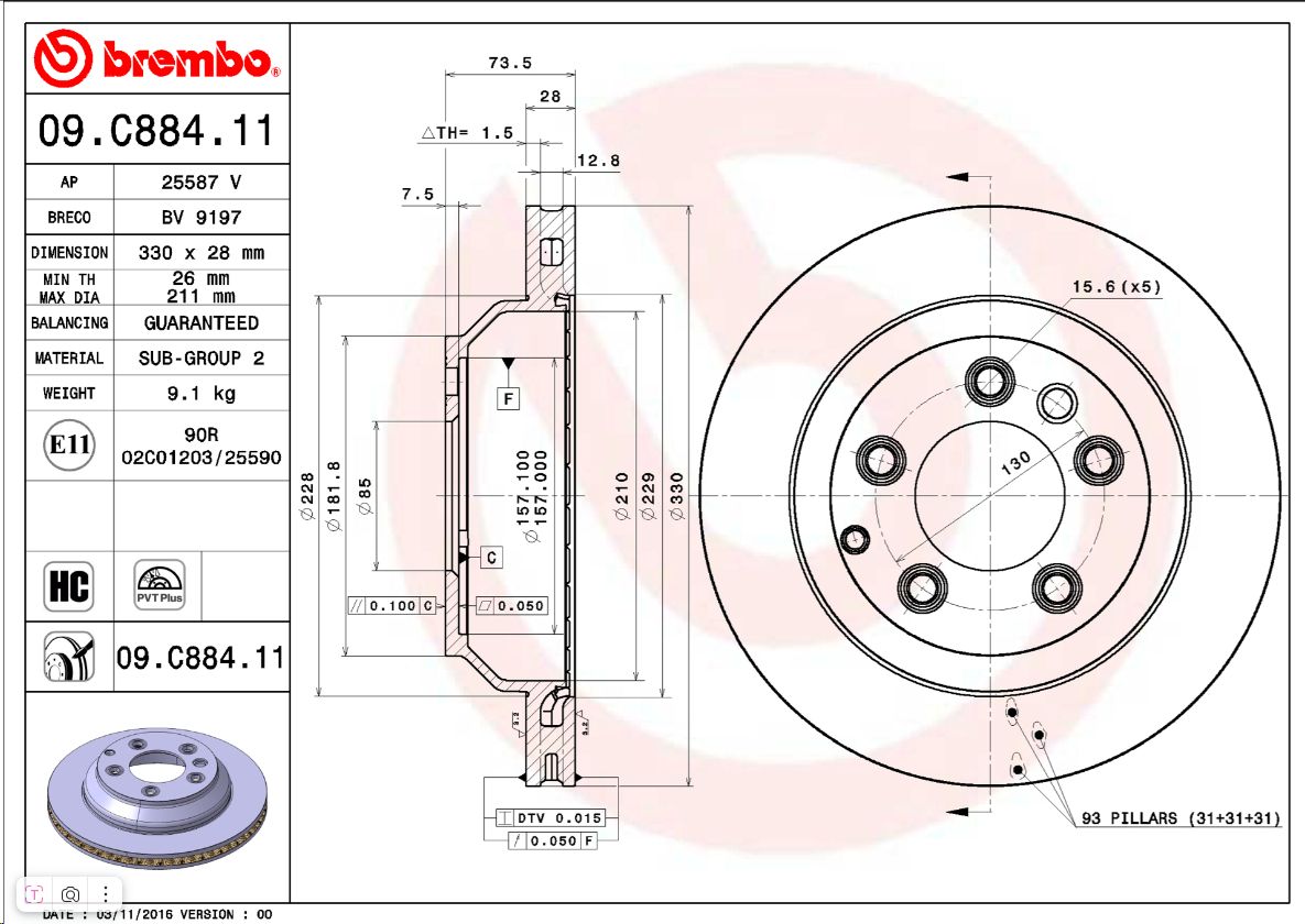 Тормозной диск задний VAG Audi Q7 06-/Cayenne/Touareg 02- BREMBO EUROPE - Миниатюра товара 1