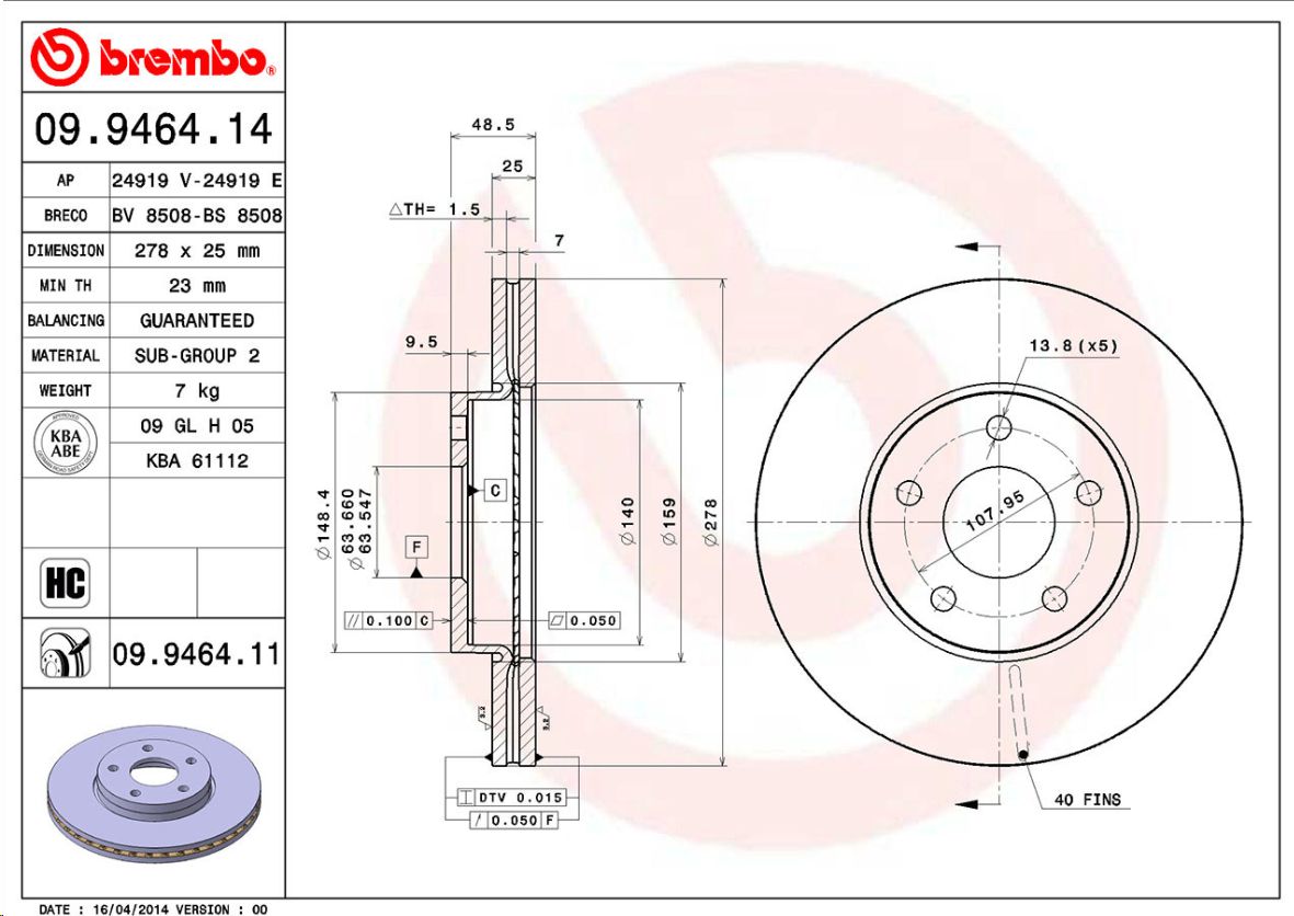 Диск тормозной передний Ford Focus, C-Max, Volvo C30 (533) 06- BREMBO EUROPE - Миниатюра товара 1