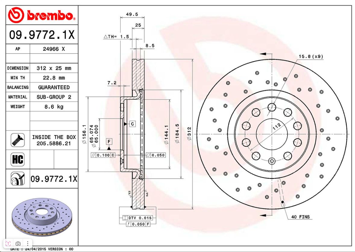 Диск тормозной передний VAG Audi, Seat, Skoda, VW 5Q0615301F/JZW698302CN BREMBO - Миниатюра товара 1