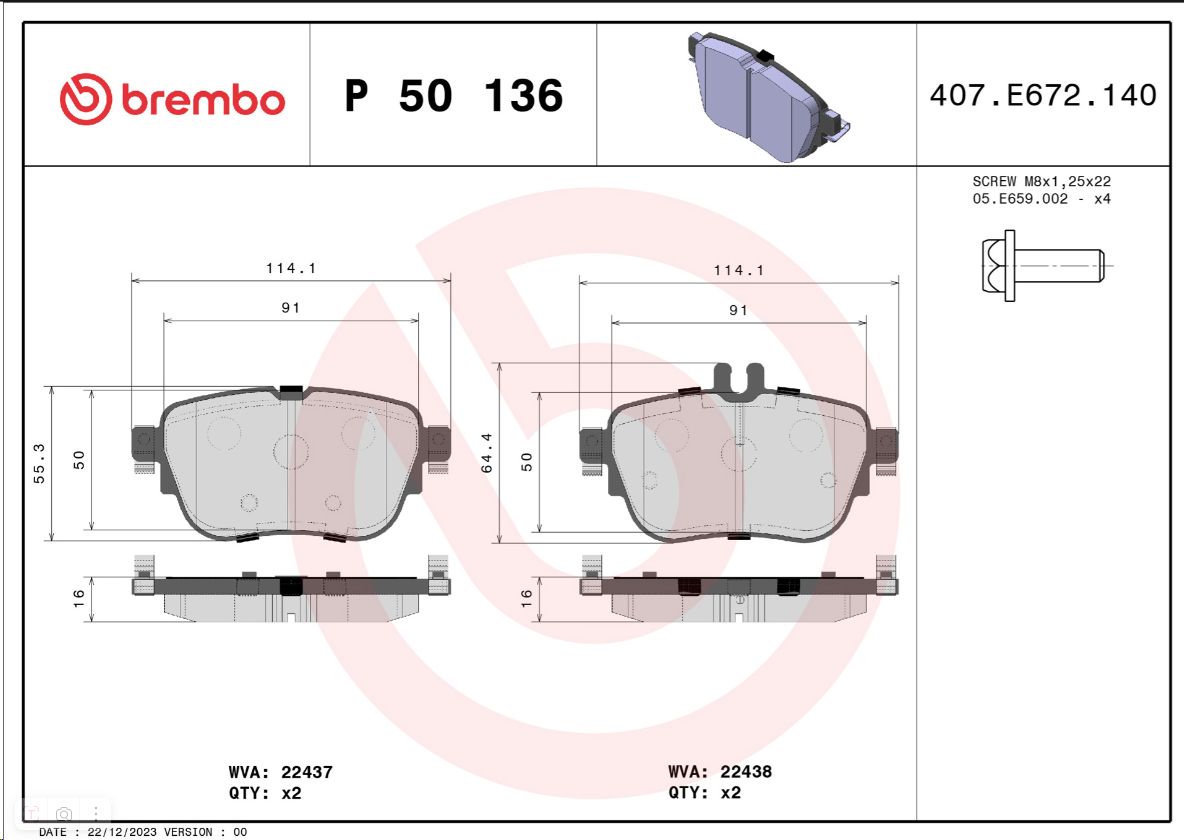 Тормозные колодки задние Mercedes W213 (A0004209700/P50136/GDB2155) BREMBO