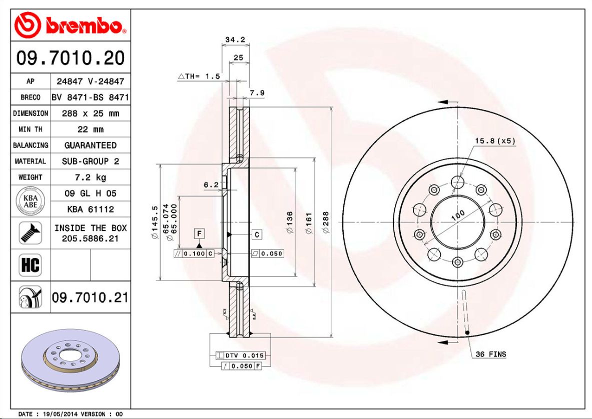 Диск тормозной передний VAG Audi A1/A3, Skoda Octavia, Fabia, VW Golf, Polo (d288mm/ТН25mm) BREMBO - Миниатюра товара 1