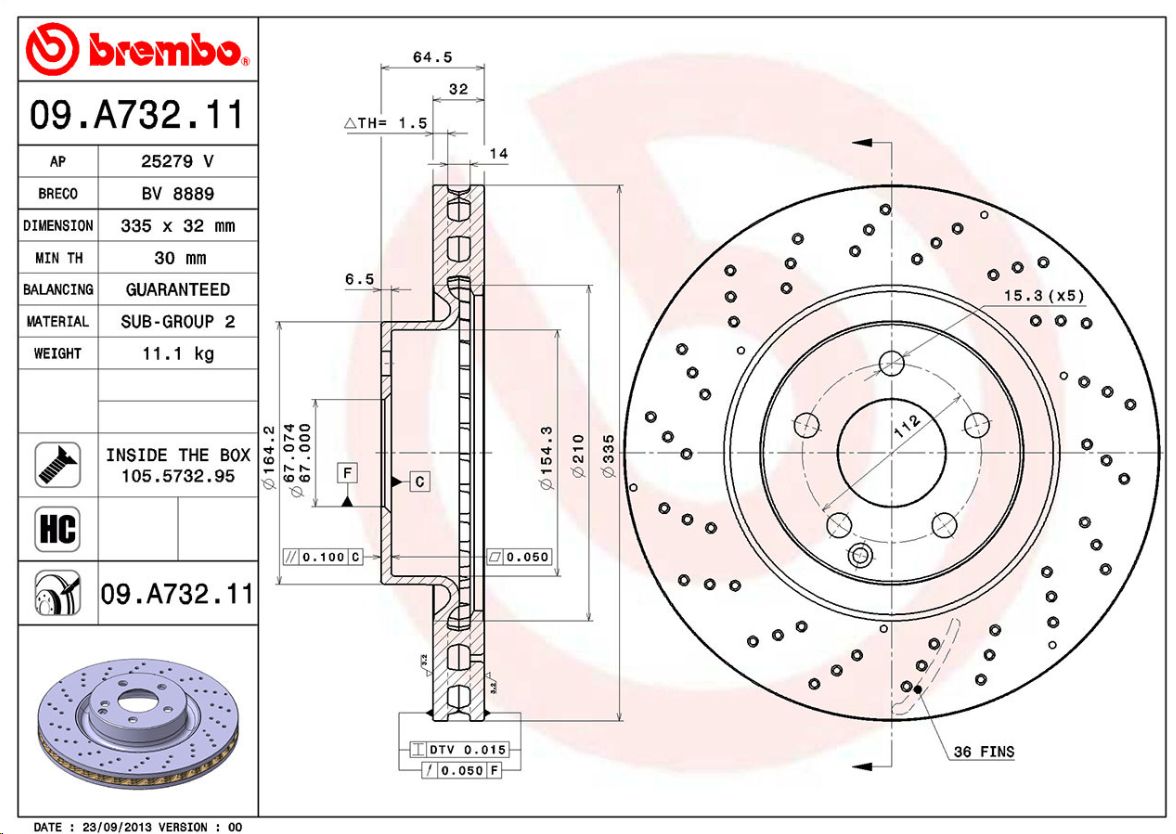 Диск тормозной передний Mercedes (V221/W221/C216) A221421171207 BREMBO - Миниатюра товара 1